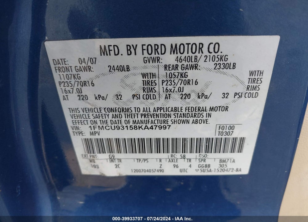 2008 FORD ESCAPE XLT VIN: 1FMCU93158KA47997