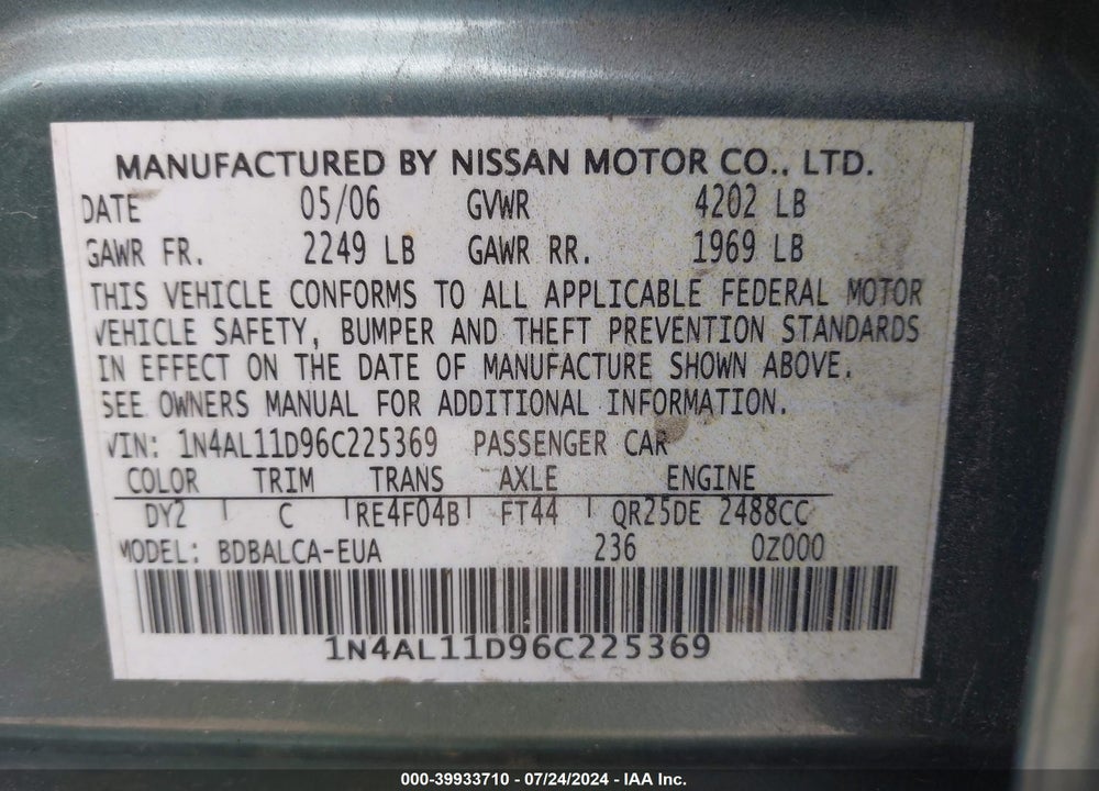 2006 NISSAN ALTIMA VIN: 1N4AL11D96C225369