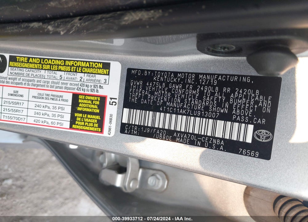2020 TOYOTA CAMRY LE VIN: 4T1C11AK7LU913007
