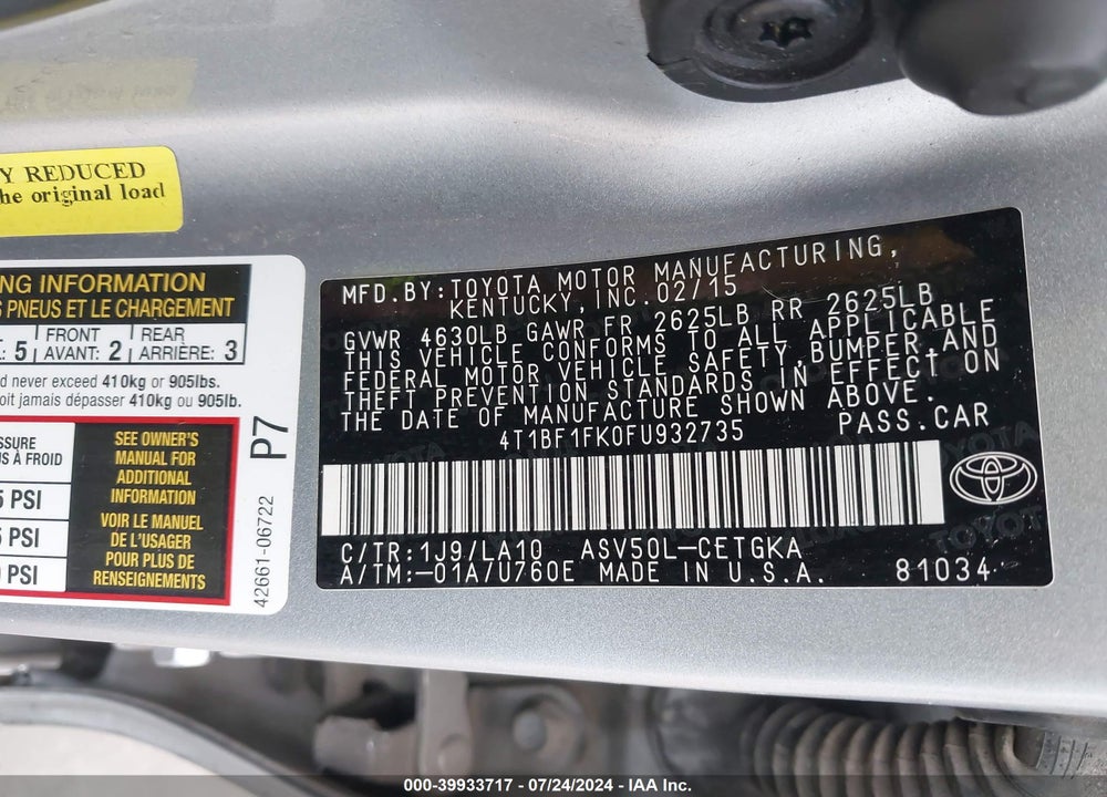 2015 TOYOTA CAMRY XLE VIN: 4T1BF1FK0FU932735