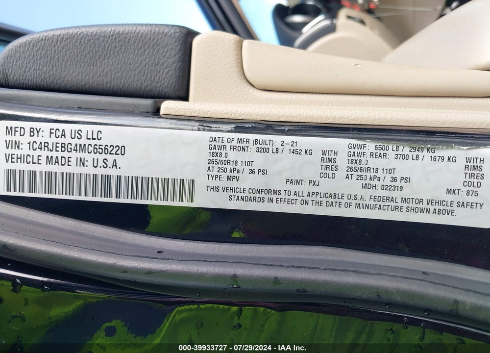 2021 JEEP GRAND CHEROKEE LIMITED 4X2 VIN: 1C4RJEBG4MC656220