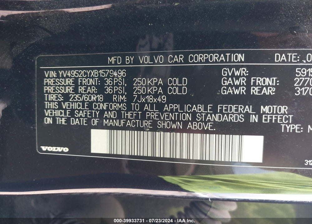 2011 VOLVO XC90 3.2 VIN: YV4952CYXB1579496