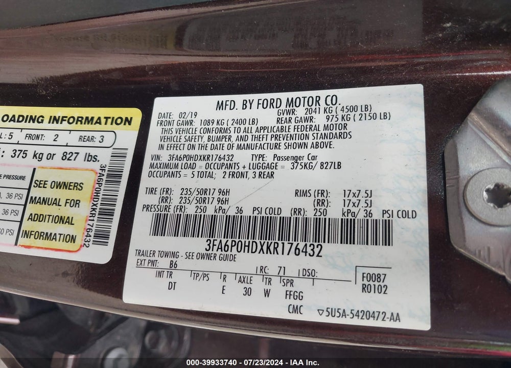 2019 FORD FUSION SE VIN: 3FA6P0HDXKR176432