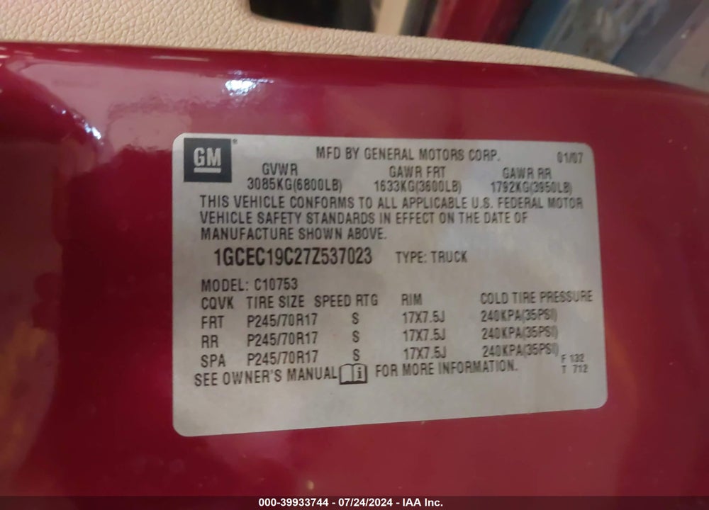 2007 CHEVROLET SILVERADO 1500 LT1 VIN: 1GCEC19C27Z537023
