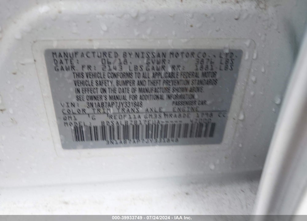 2018 NISSAN SENTRA S VIN: 3N1AB7AP7JY331848