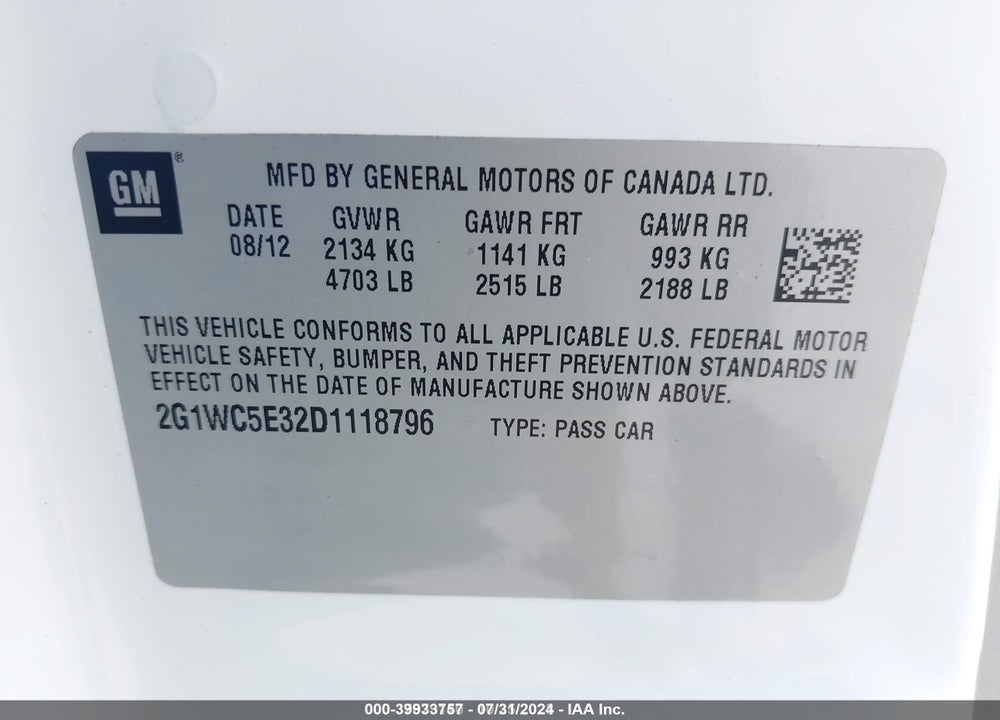 2013 CHEVROLET IMPALA VIN: 2G1WC5E32D1118796