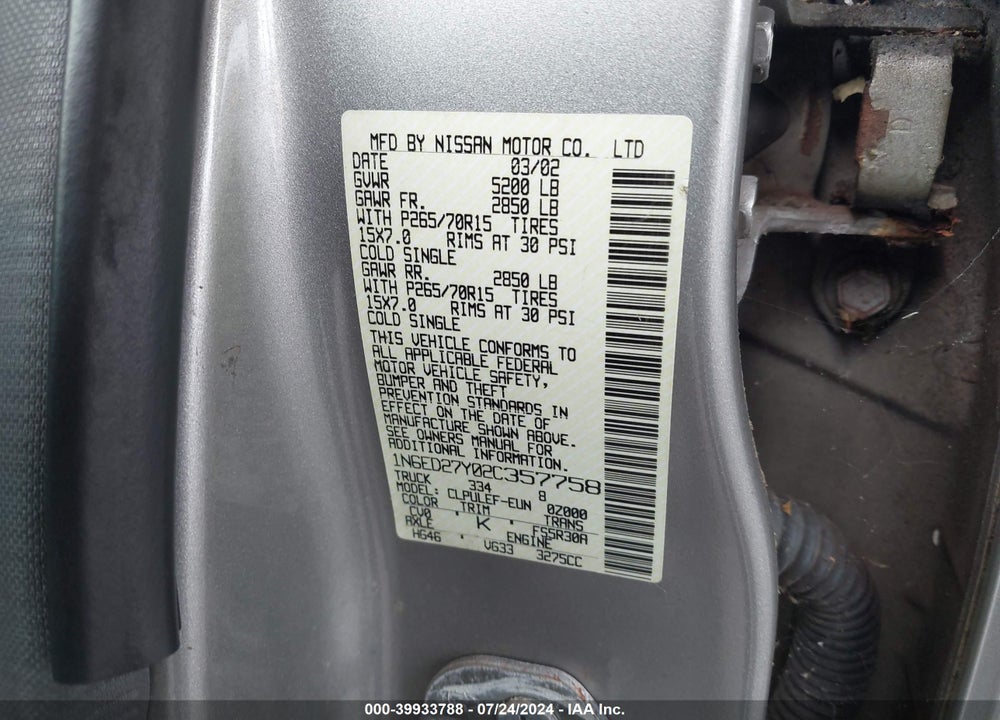 2002 NISSAN FRONTIER XE-V6 VIN: 1N6ED27Y02C357758