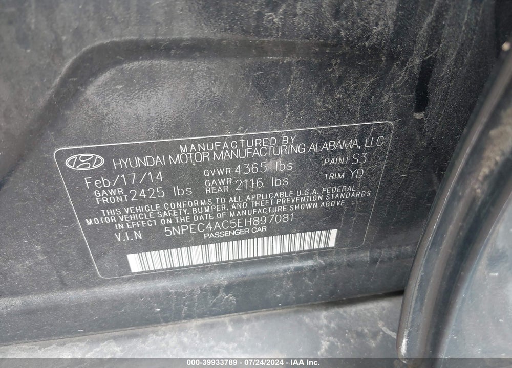 2014 HYUNDAI SONATA LIMITED VIN: 5NPEC4AC5EH897081