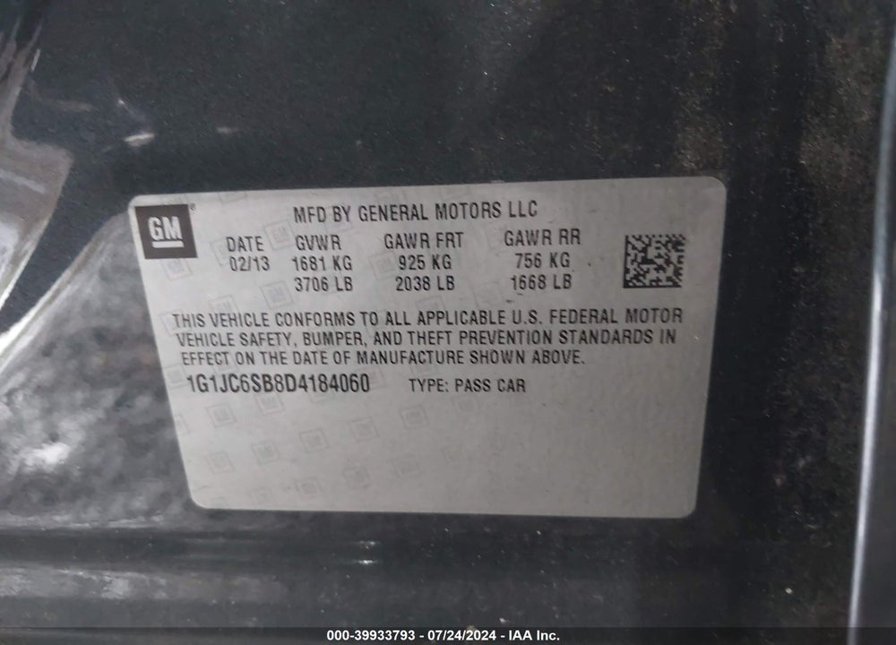 2013 CHEVROLET SONIC LT AUTO VIN: 1G1JC6SB8D4184060