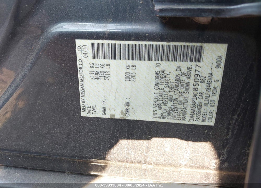 2010 NISSAN MAXIMA 3.5 SV VIN: 1N4AA5AP1AC850977