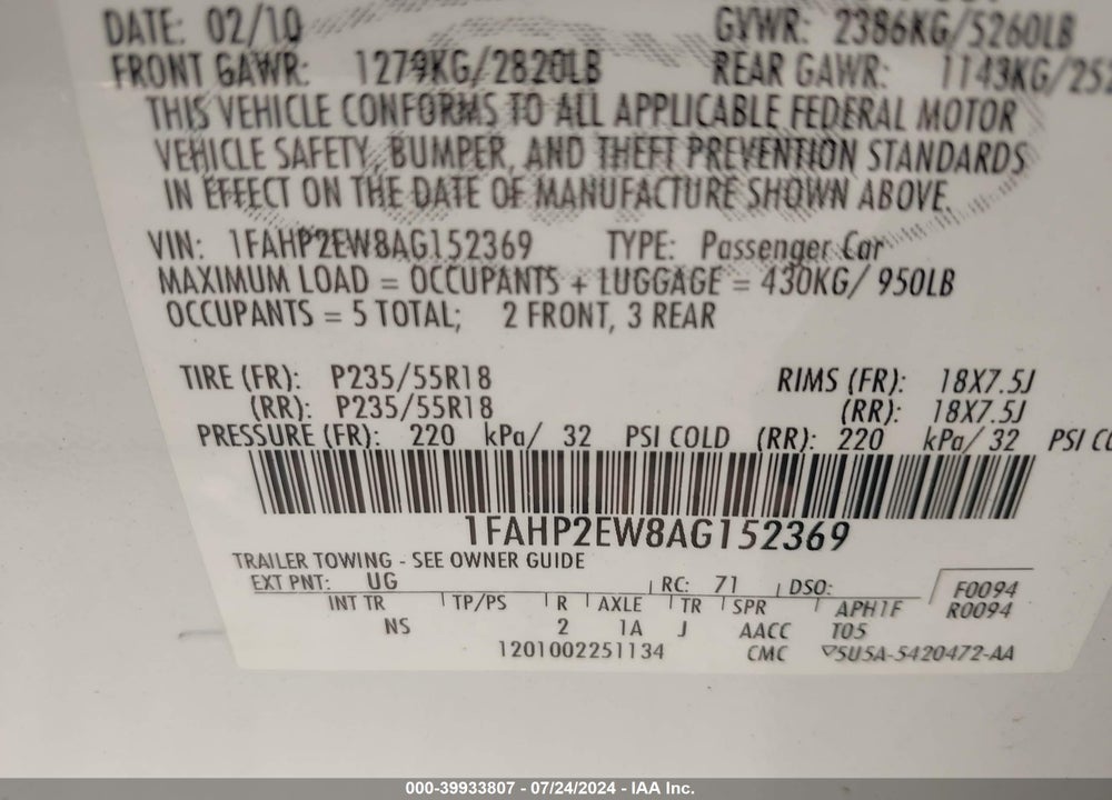 2010 FORD TAURUS SEL VIN: 1FAHP2EW8AG152369
