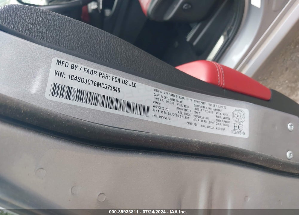 2021 DODGE DURANGO VIN: 1C4SDJCT6MC573840