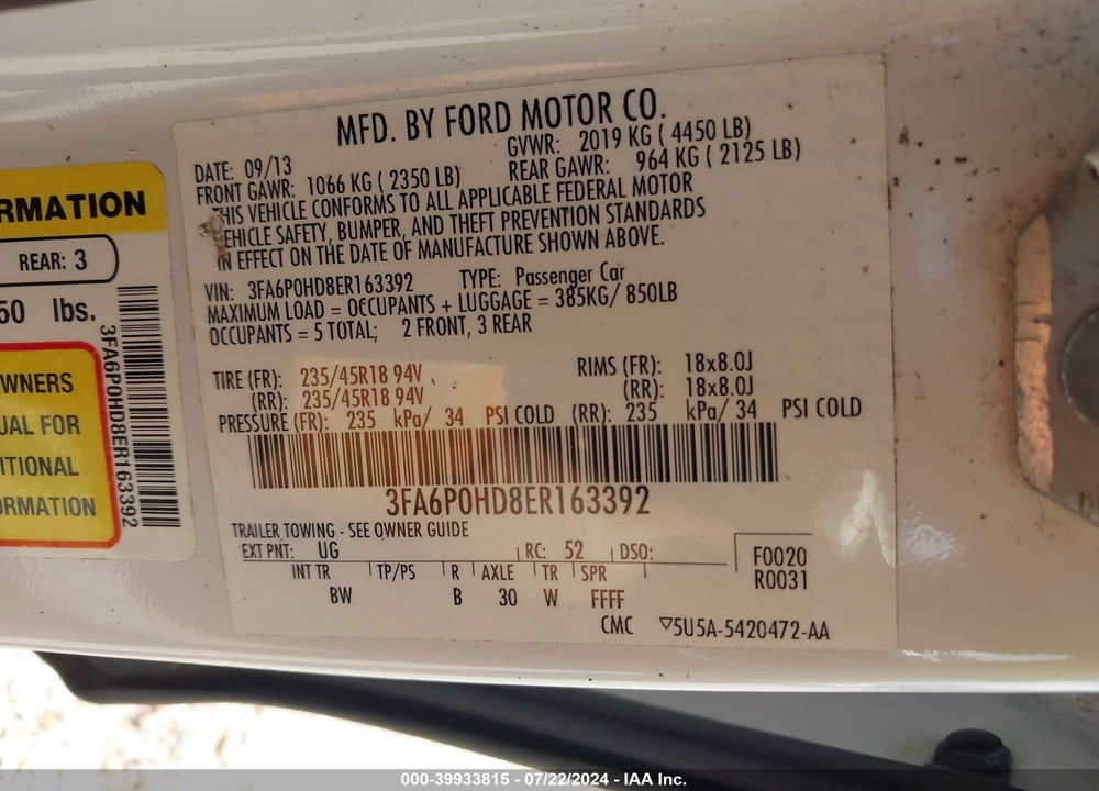 2014 FORD FUSION SE VIN: 3FA6P0HD8ER163392