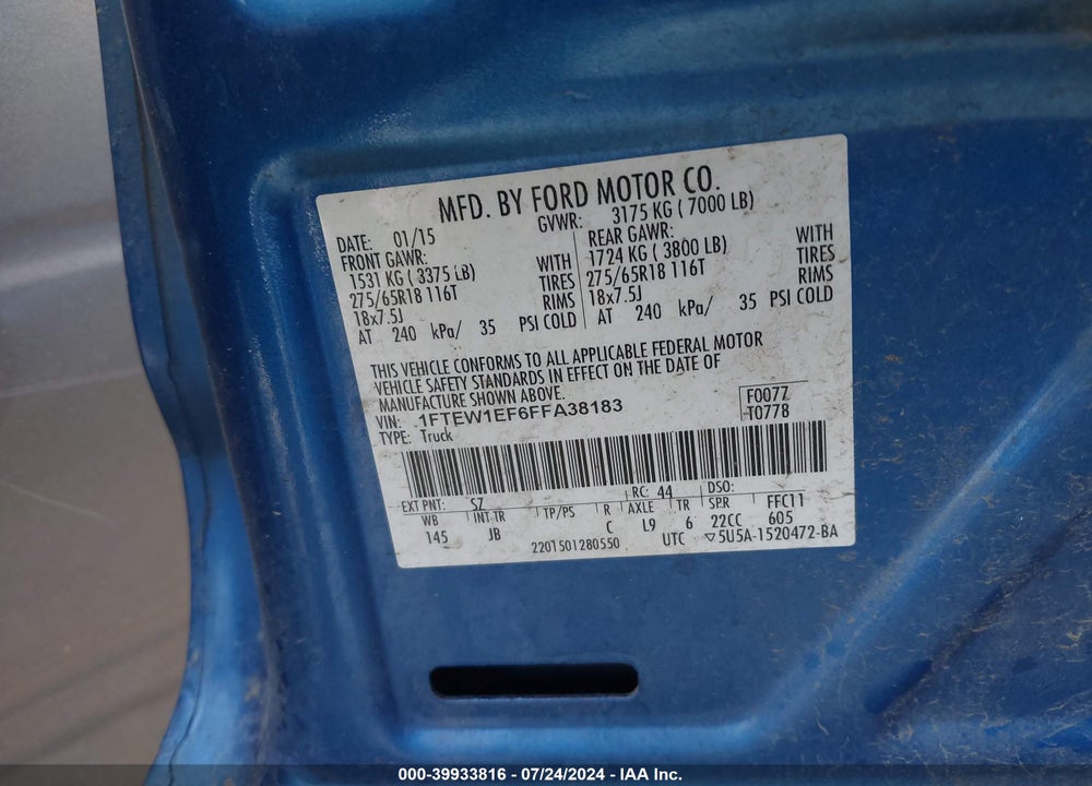 2015 FORD F-150 XLT VIN: 1FTEW1EF6FFA38183