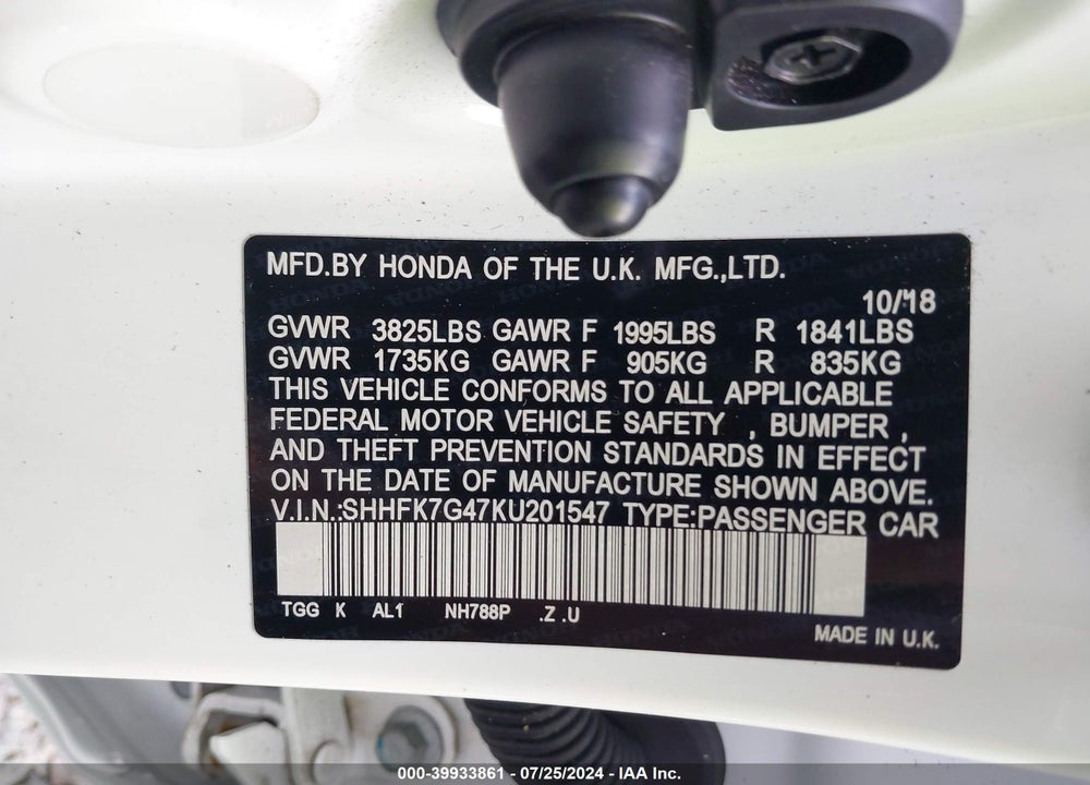 2019 HONDA CIVIC SPORT VIN: SHHFK7G47KU201547