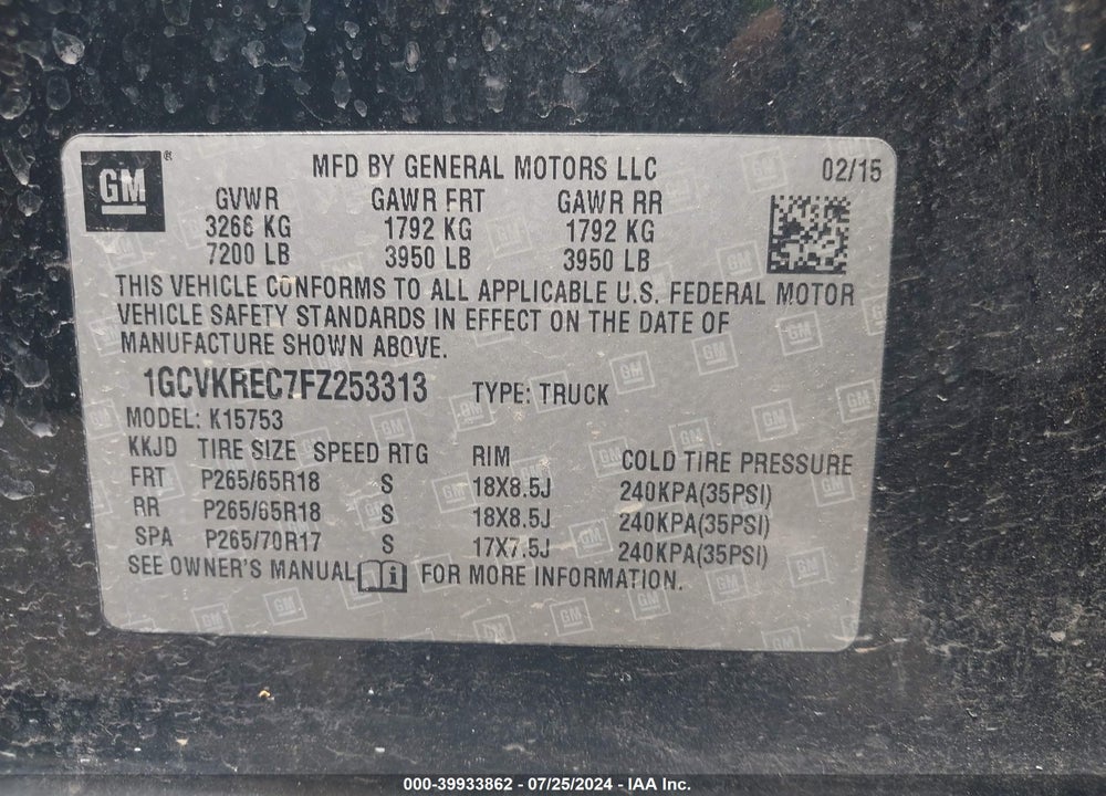 2015 CHEVROLET SILVERADO 1500 1LT VIN: 1GCVKREC7FZ253313