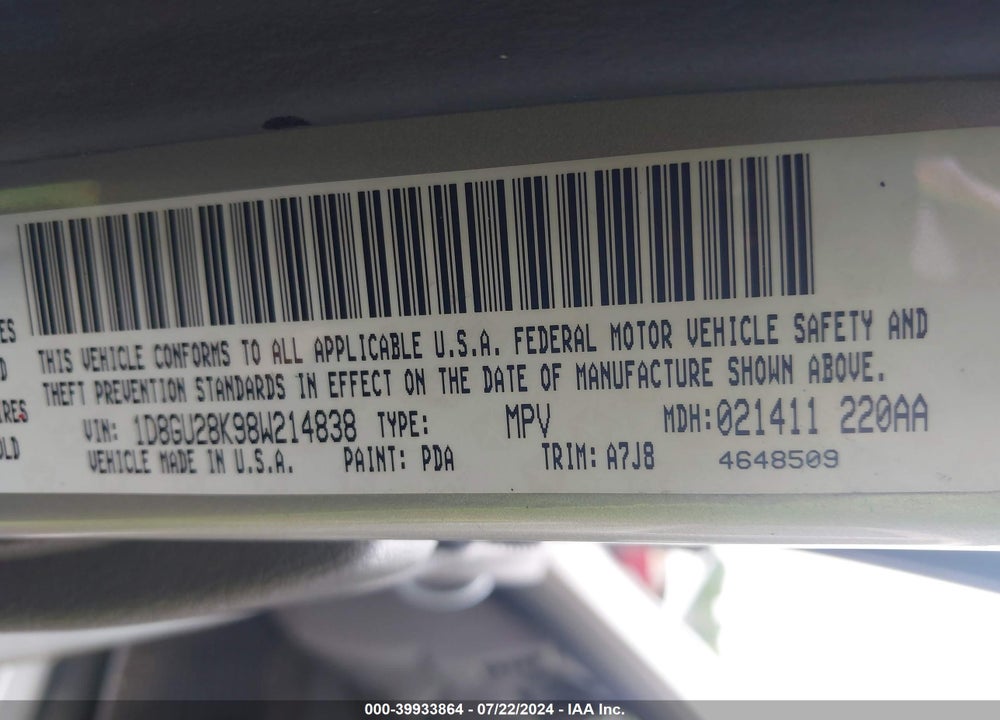 2008 DODGE NITRO SXT VIN: 1D8GU28K98W214838