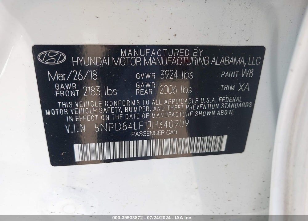 2018 HYUNDAI ELANTRA VALUE EDITION VIN: 5NPD84LF1JH340909