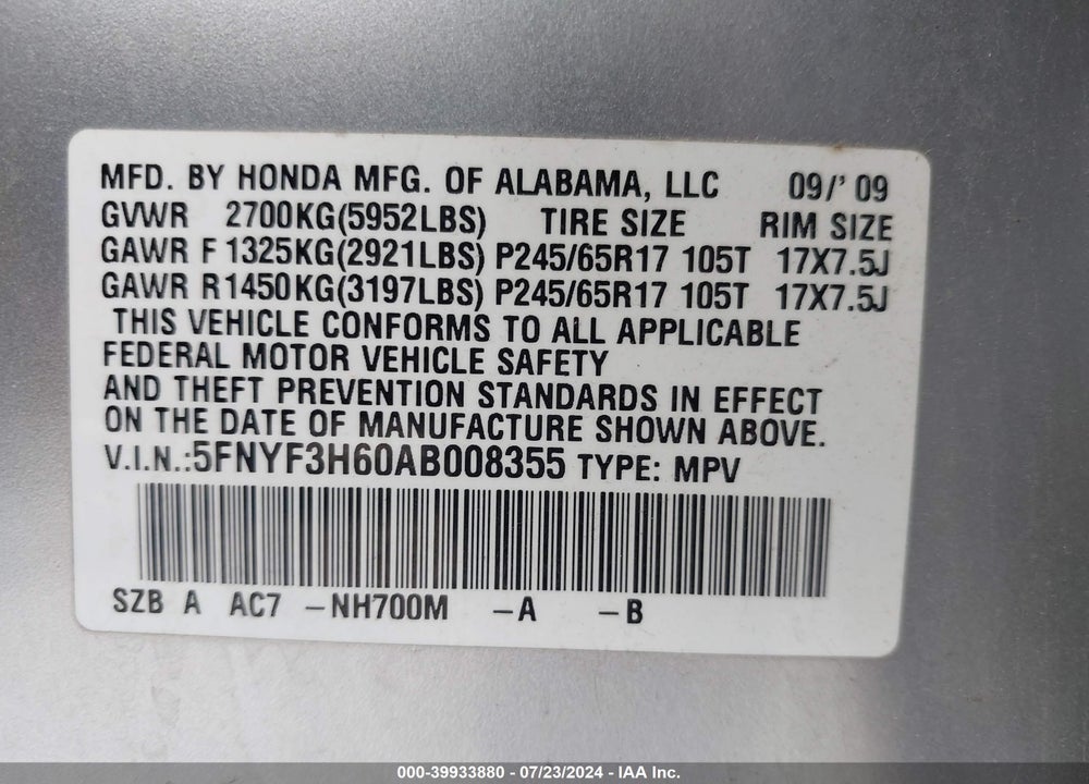 2010 HONDA PILOT EX-L VIN: 5FNYF3H60AB008355