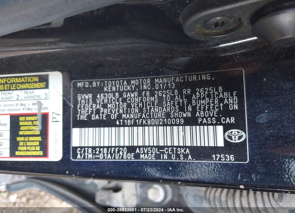 2013 TOYOTA CAMRY VIN: 4T1BF1FK8DU210099