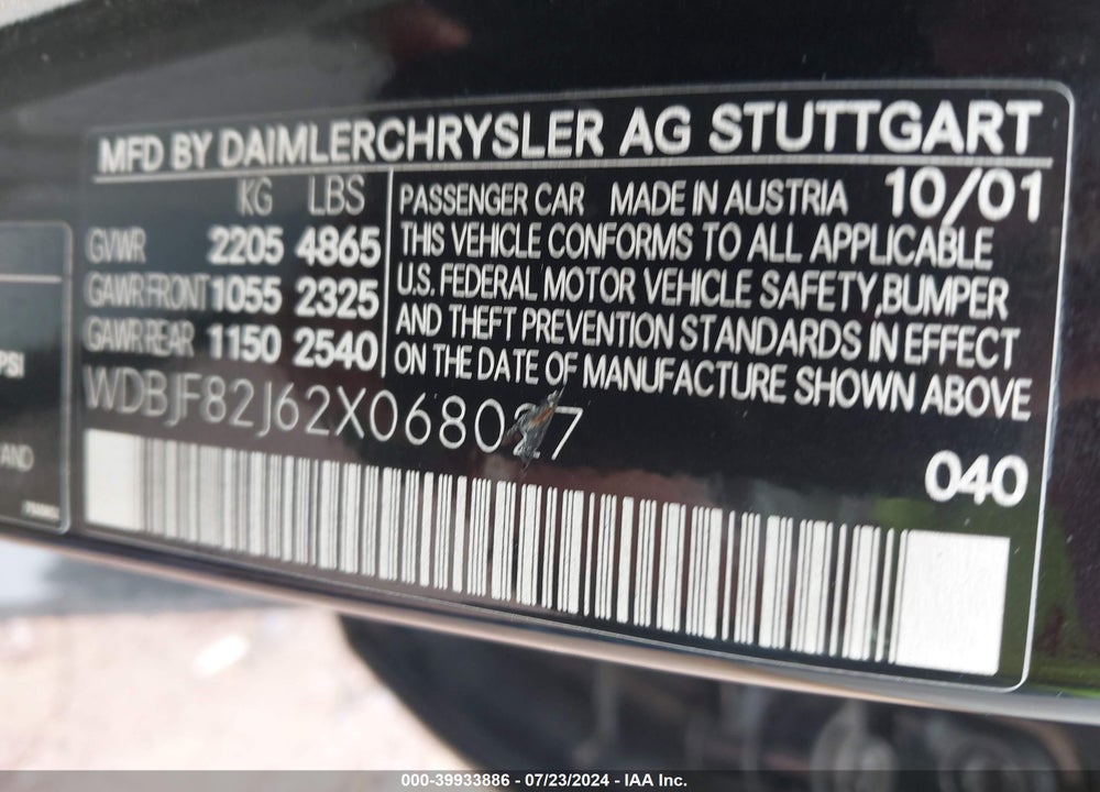 2002 MERCEDES-BENZ E 320 4M/4M SPECIAL EDITION VIN: WDBJF82J62X068027