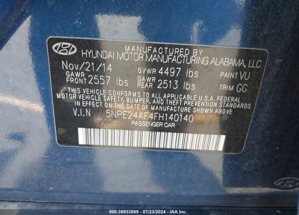 2015 HYUNDAI SONATA SE VIN: 5NPE24AF4FH140140