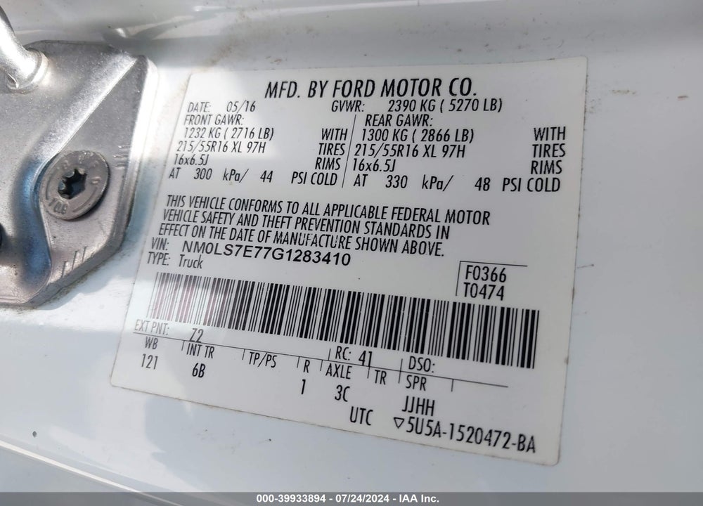 2016 FORD TRANSIT CONNECT XL VIN: NM0LS7E77G1283410
