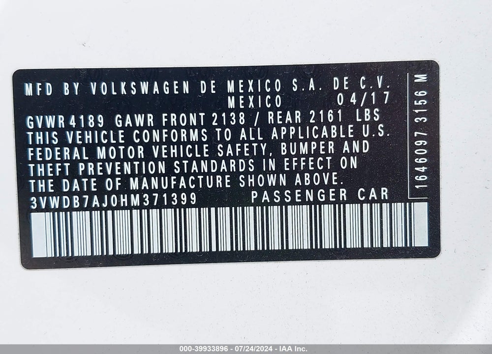 2017 VOLKSWAGEN JETTA 1.4T SE VIN: 3VWDB7AJ0HM371399