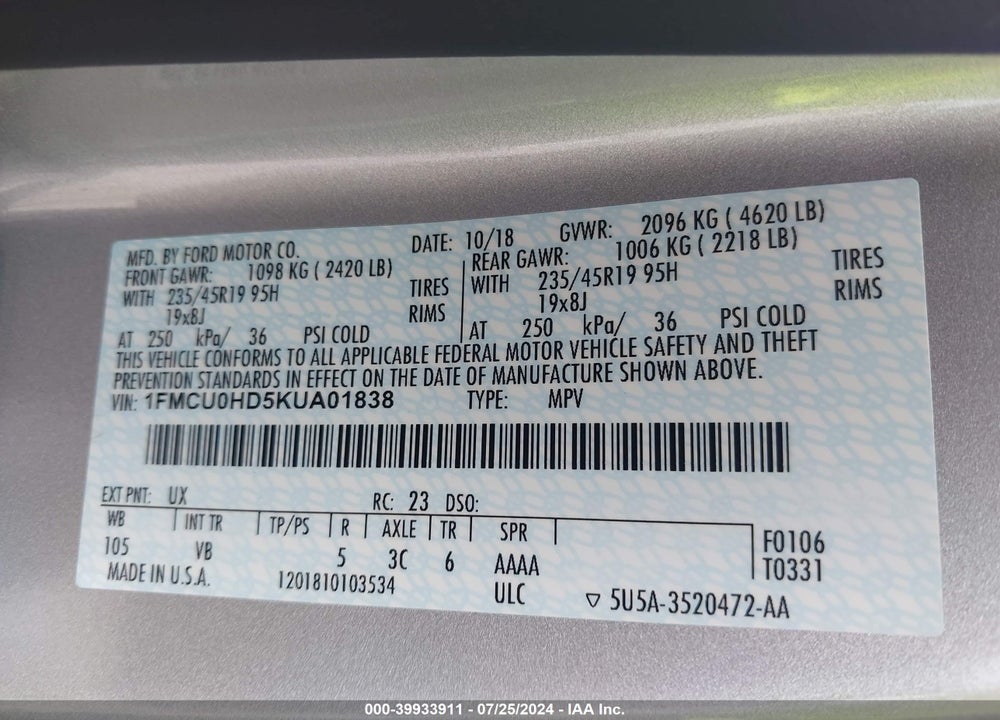 2019 FORD ESCAPE SEL VIN: 1FMCU0HD5KUA01838