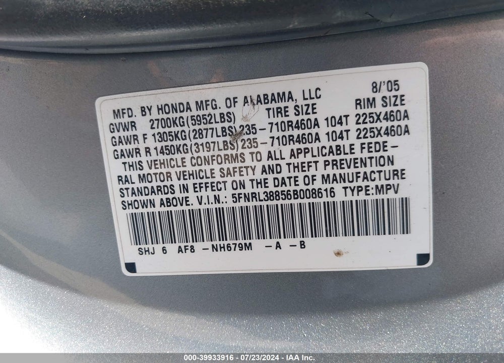 2006 HONDA ODYSSEY TOURING VIN: 5FNRL38856B008616