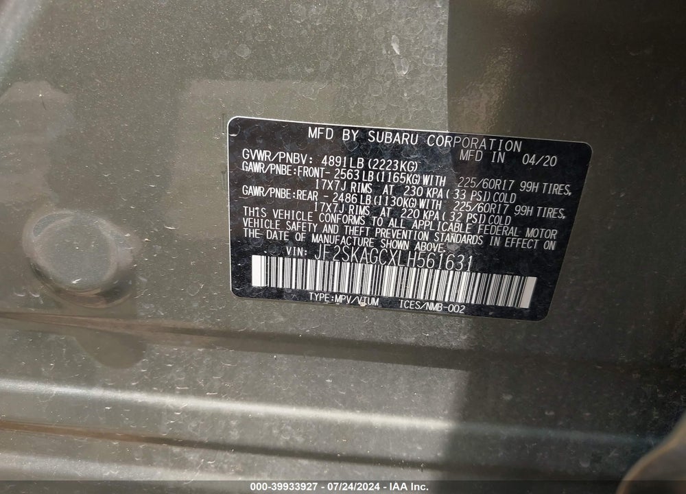 2020 SUBARU FORESTER PREMIUM VIN: JF2SKAGCXLH561631