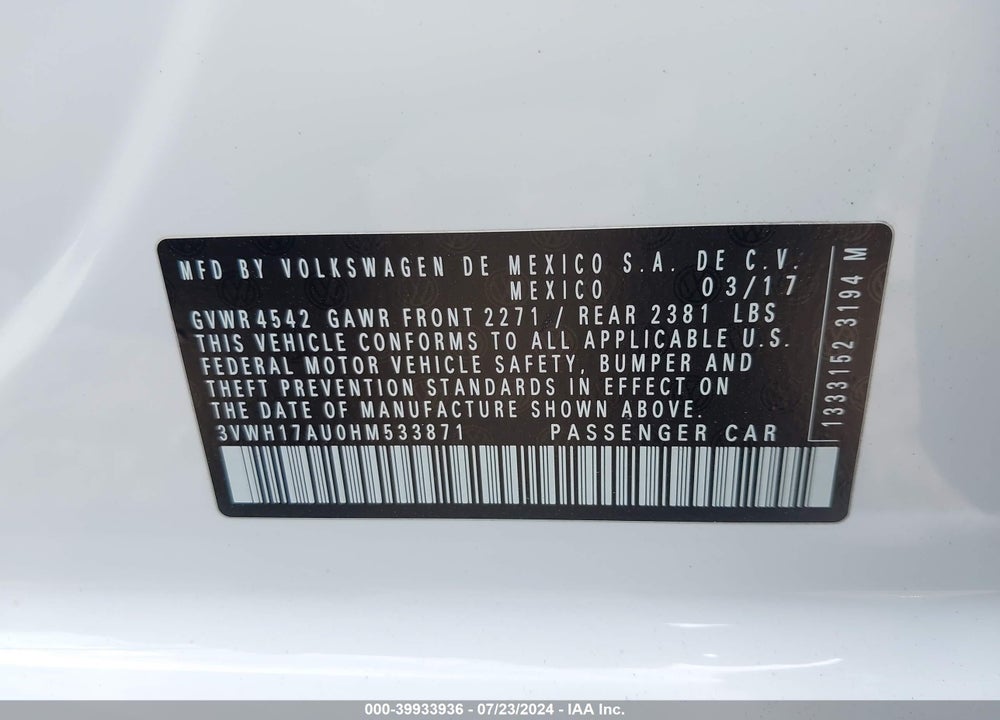 2017 VOLKSWAGEN GOLF ALLTRACK TSI S/TSI SE/TSI SEL VIN: 3VWH17AU0HM533871