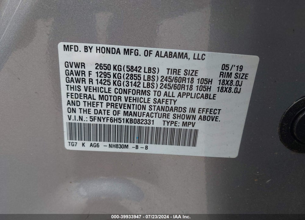 2019 HONDA PILOT EX-L VIN: 5FNYF6H51KB082331