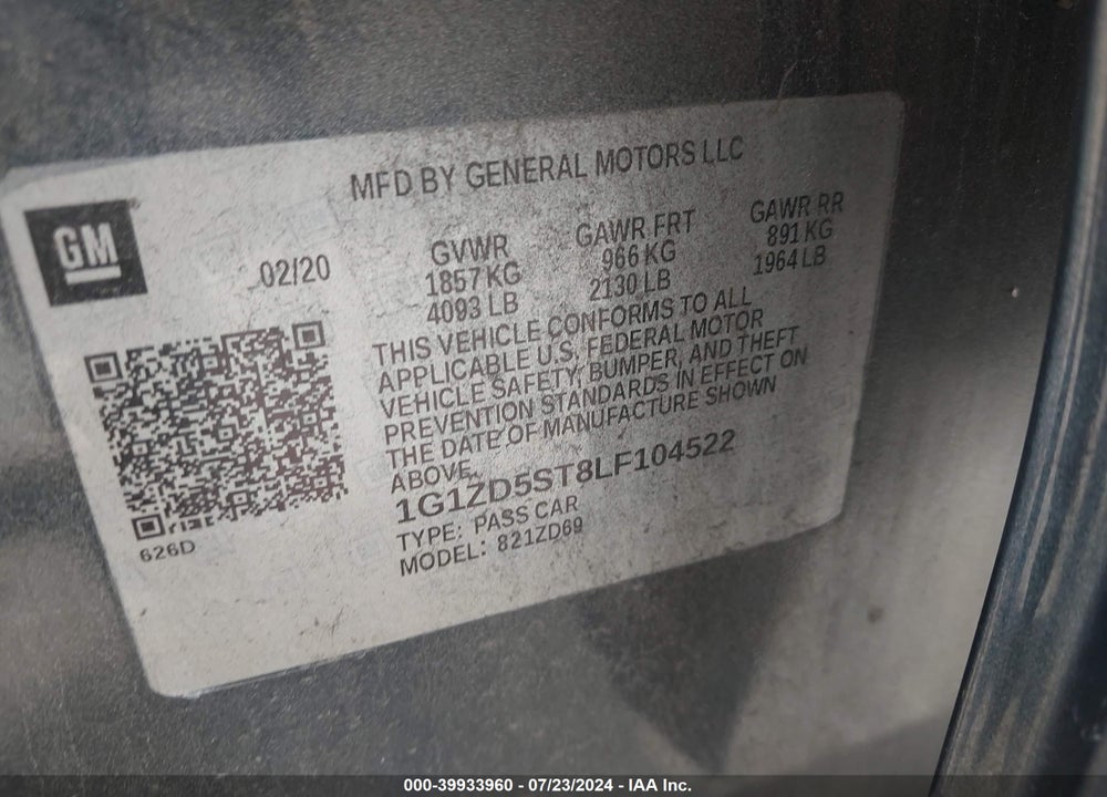 2020 CHEVROLET MALIBU FWD LT VIN: 1G1ZD5ST8LF104522