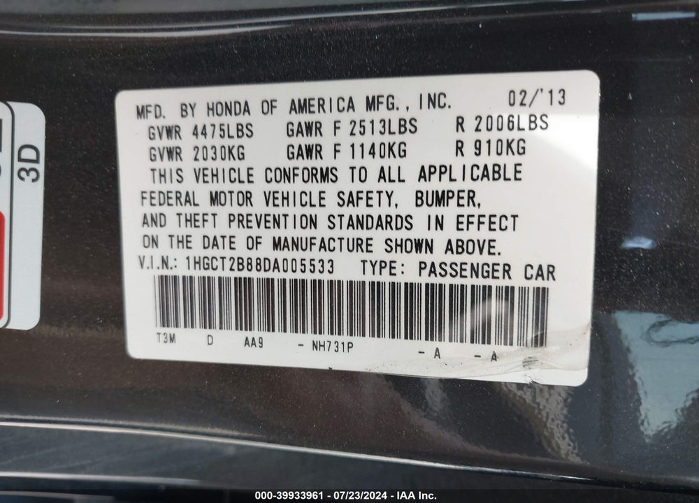 2013 HONDA ACCORD EX-L V-6 VIN: 1HGCT2B88DA005533