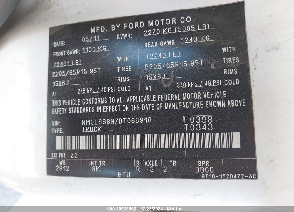 2011 FORD TRANSIT CONNECT XLT VIN: NM0LS6BN7BT066918