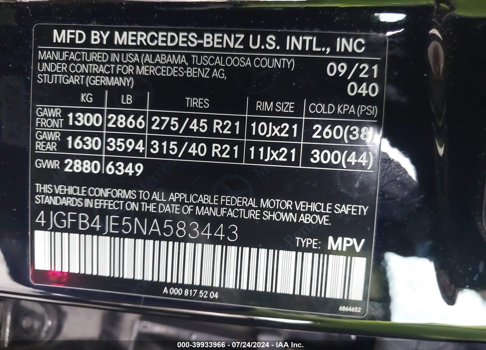 2022 MERCEDES-BENZ GLE 350 VIN: 4JGFB4JE5NA583443