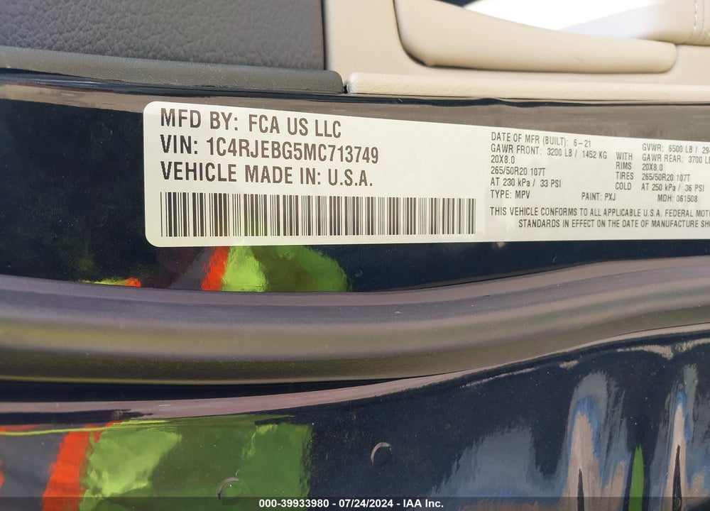 2021 JEEP GRAND CHEROKEE LIMITED 4X2 VIN: 1C4RJEBG5MC713749