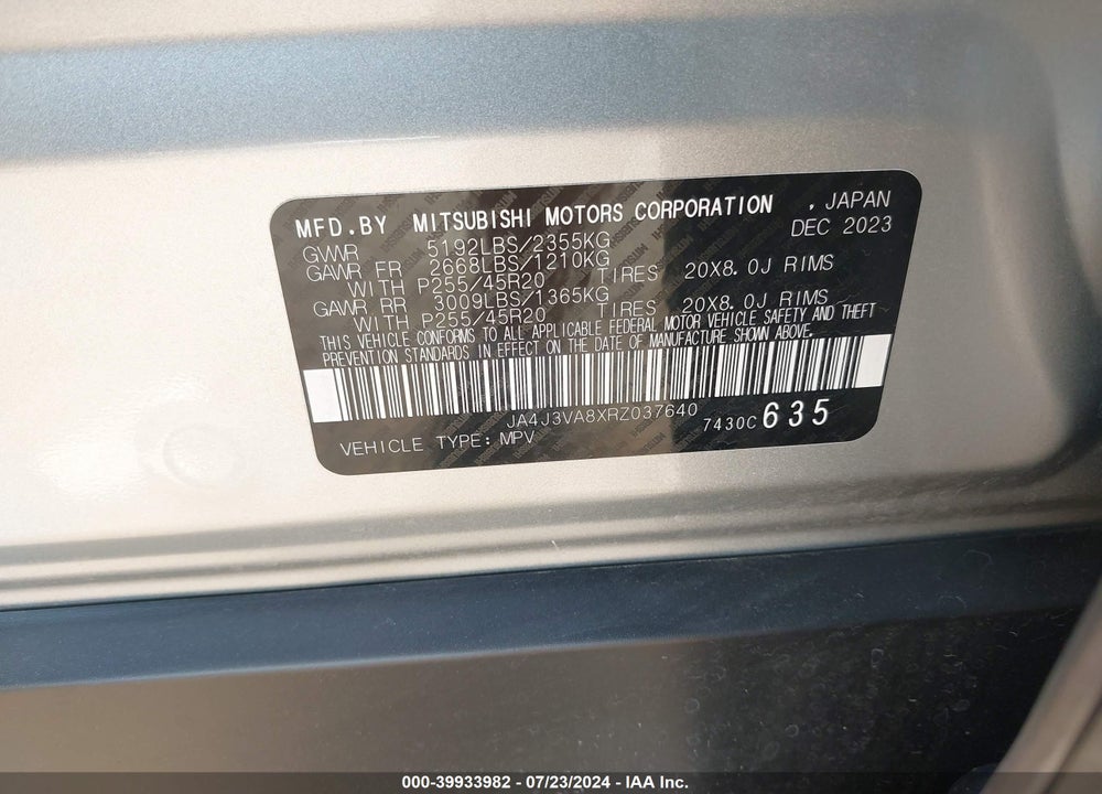 2024 MITSUBISHI OUTLANDER SE 2.5 2WD/SE BLACK EDITION S-AWC/SE BLACK EDITION W/PANO ROOF VIN: JA4J3VA8XRZ037640