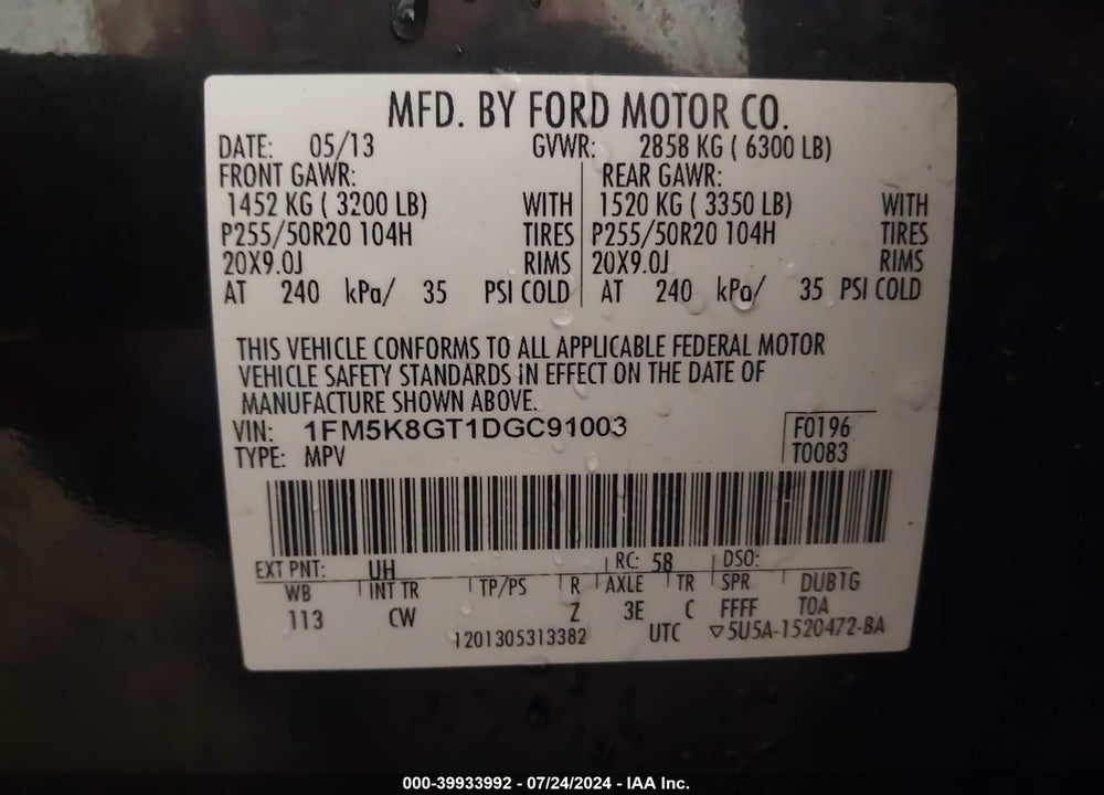 2013 FORD EXPLORER SPORT VIN: 1FM5K8GT1DGC91003