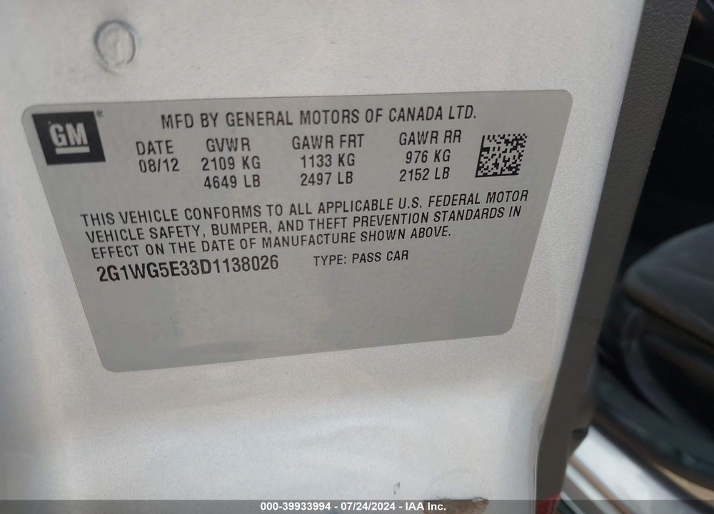 2013 CHEVROLET IMPALA LT VIN: 2G1WG5E33D1138026