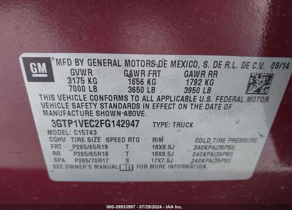 2015 GMC SIERRA 1500 SLT VIN: 3GTP1VEC2FG142947