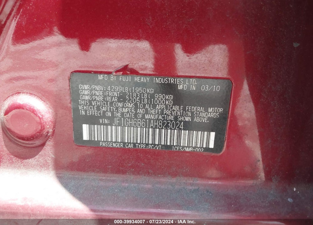 2010 SUBARU IMPREZA 2.5I PREMIUM VIN: JF1GH6B61AH823024