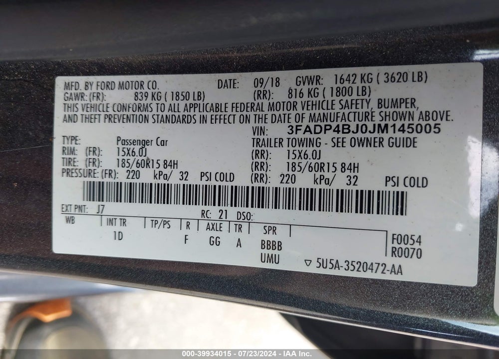 2018 FORD FIESTA SE VIN: 3FADP4BJ0JM145005