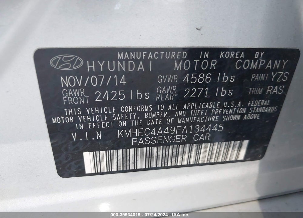 2015 HYUNDAI SONATA HYBRID VIN: KMHEC4A49FA134445
