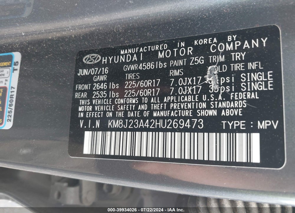 2017 HYUNDAI TUCSON SE VIN: KM8J23A42HU269473