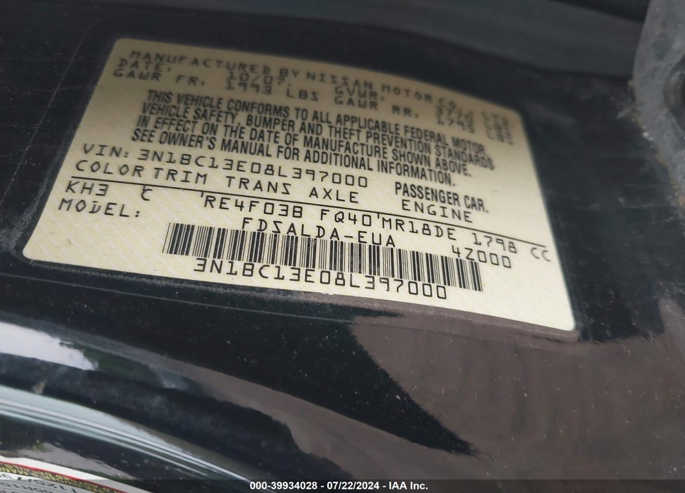2008 NISSAN VERSA VIN: 3N1BC13E08L397000