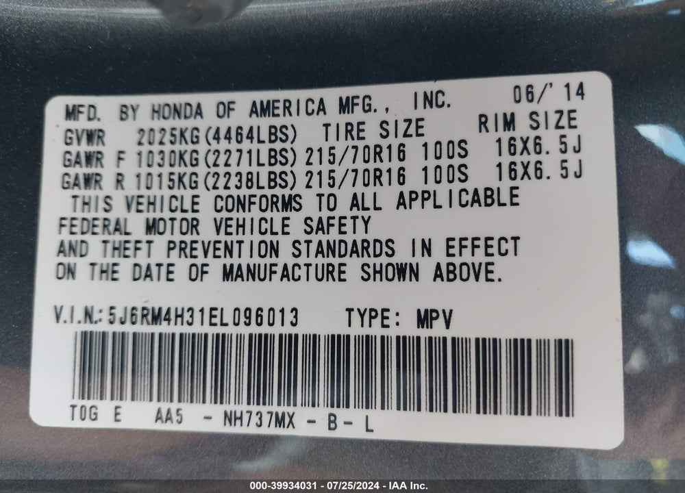 2014 HONDA CR-V LX VIN: 5J6RM4H31EL096013