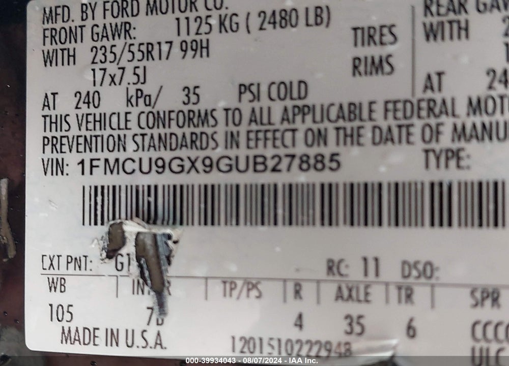 2016 FORD ESCAPE SE VIN: 1FMCU9GX9GUB27885