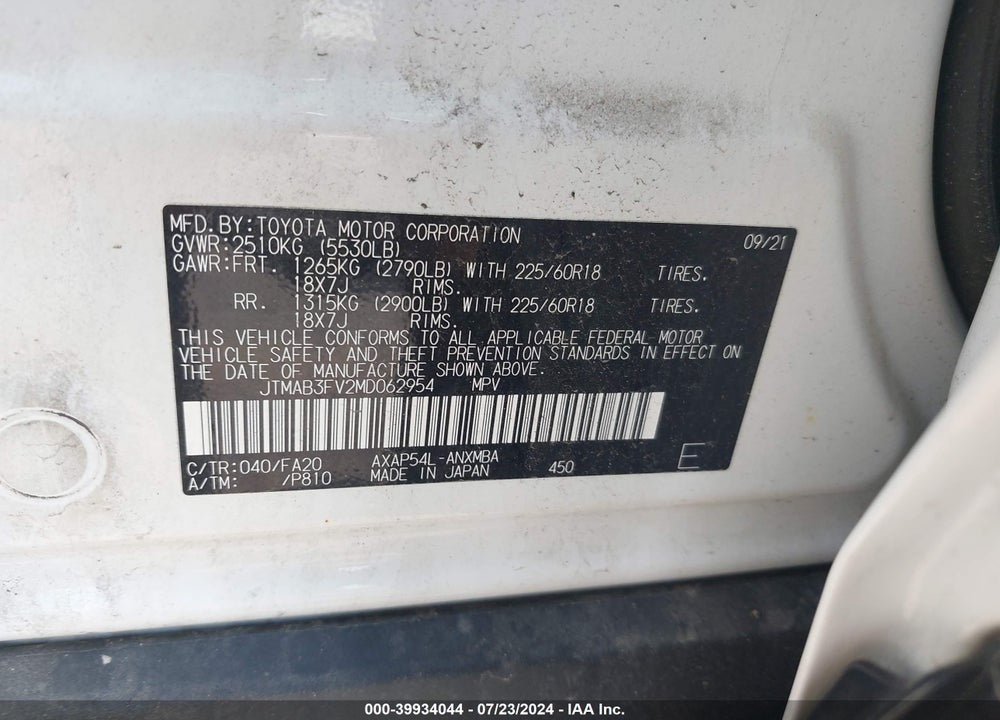 2021 TOYOTA RAV4 PRIME SE VIN: JTMAB3FV2MD062954